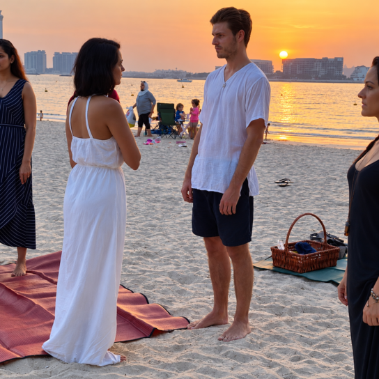 People speaking at sunset during a beach wellness gathering