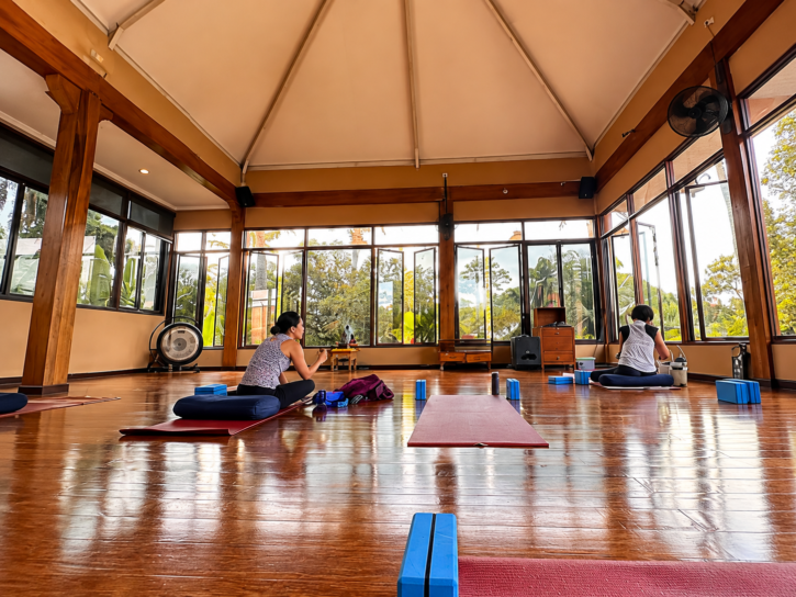A yoga class taking place inside a sunlit wooden pavilion